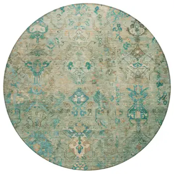 8' Teal Blue And Beige Round Medallion Washable Indoor Outdoor Area Rug