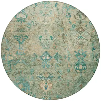 8' Teal Blue And Beige Round Medallion Washable Indoor Outdoor Area Rug