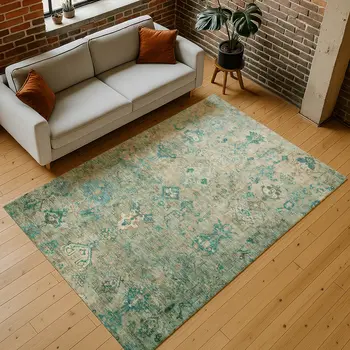 8' X 10' Teal Blue And Beige Medallion Washable Indoor Outdoor Area Rug