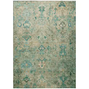 9' X 12' Teal Blue And Beige Medallion Washable Indoor Outdoor Area Rug