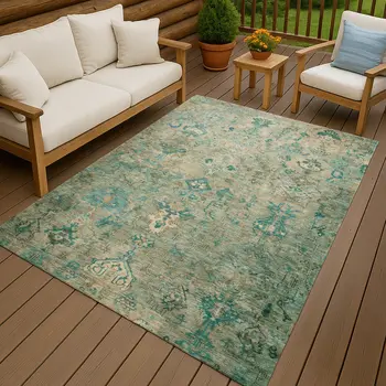 10' X 14' Teal Blue And Beige Medallion Washable Indoor Outdoor Area Rug