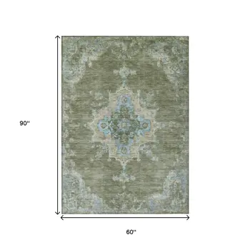 5' X 8' Fern Green And Blue Medallion Washable Indoor Outdoor Area Rug