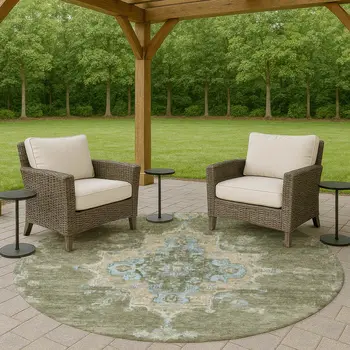 8' Fern Green And Blue Round Medallion Washable Indoor Outdoor Area Rug