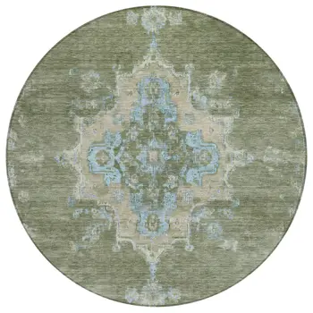8' Fern Green And Blue Round Medallion Washable Indoor Outdoor Area Rug