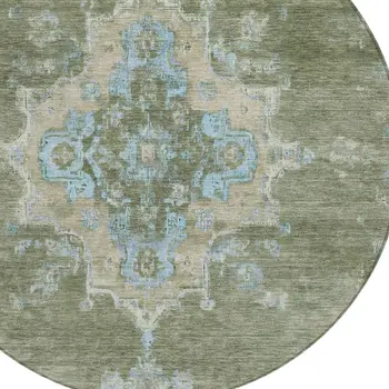8' Fern Green And Blue Round Medallion Washable Indoor Outdoor Area Rug