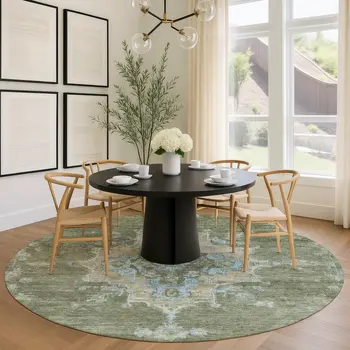 8' Fern Green And Blue Round Medallion Washable Indoor Outdoor Area Rug