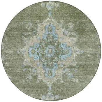 8' Fern Green And Blue Round Medallion Washable Indoor Outdoor Area Rug