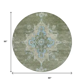 8' Fern Green And Blue Round Medallion Washable Indoor Outdoor Area Rug