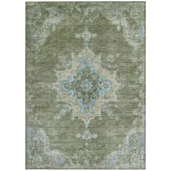 8' X 10' Fern Green And Blue Medallion Washable Indoor Outdoor Area Rug