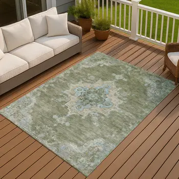 9' X 12' Fern Green And Blue Medallion Washable Indoor Outdoor Area Rug