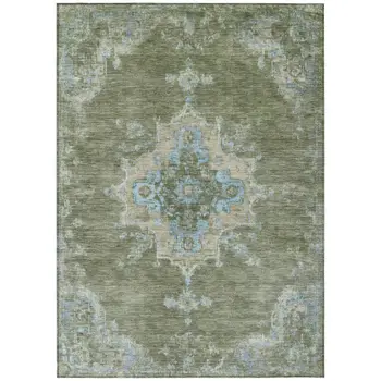 9' X 12' Fern Green And Blue Medallion Washable Indoor Outdoor Area Rug
