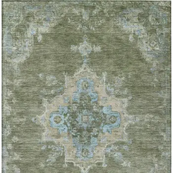 10' X 14' Fern Green And Blue Medallion Washable Indoor Outdoor Area Rug