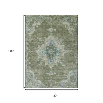 10' X 14' Fern Green And Blue Medallion Washable Indoor Outdoor Area Rug