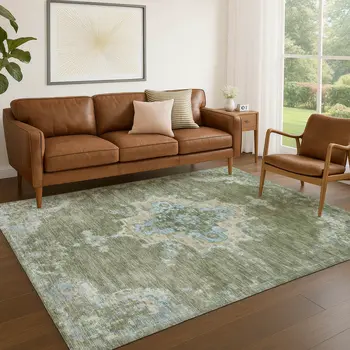 10' X 14' Fern Green And Blue Medallion Washable Indoor Outdoor Area Rug