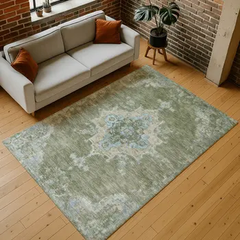 10' X 14' Fern Green And Blue Medallion Washable Indoor Outdoor Area Rug