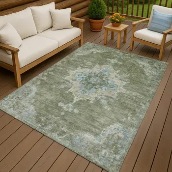 10' X 14' Fern Green And Blue Medallion Washable Indoor Outdoor Area Rug