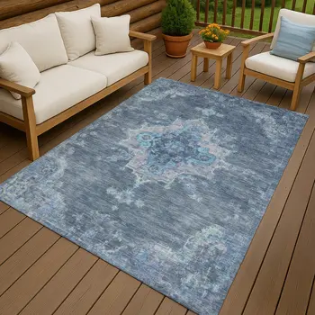 3' X 5' Blue And Gray Medallion Washable Indoor Outdoor Area Rug