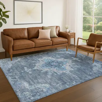 5' X 8' Blue And Gray Medallion Washable Indoor Outdoor Area Rug