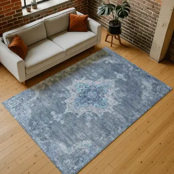 5' X 8' Blue And Gray Medallion Washable Indoor Outdoor Area Rug