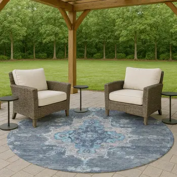 8' Blue And Gray Round Medallion Washable Indoor Outdoor Area Rug