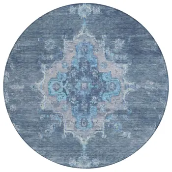 8' Blue And Gray Round Medallion Washable Indoor Outdoor Area Rug