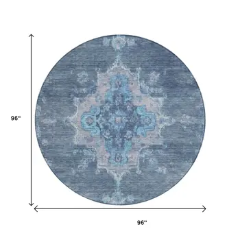 8' Blue And Gray Round Medallion Washable Indoor Outdoor Area Rug