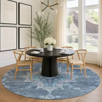 8' Blue And Gray Round Medallion Washable Indoor Outdoor Area Rug