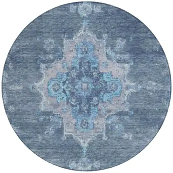 8' Blue And Gray Round Medallion Washable Indoor Outdoor Area Rug