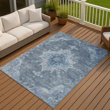 9' X 12' Blue And Gray Medallion Washable Indoor Outdoor Area Rug