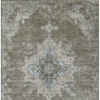 3' X 5' Brown Beige And Blue Medallion Washable Indoor Outdoor Area Rug