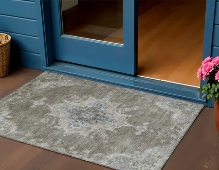 3' X 5' Brown Beige And Blue Medallion Washable Indoor Outdoor Area Rug