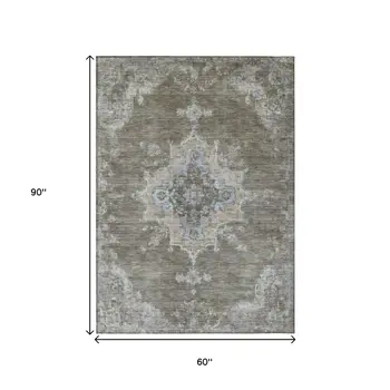5' X 8' Brown Beige And Blue Medallion Washable Indoor Outdoor Area Rug