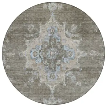 8' Brown Beige And Blue Round Medallion Washable Indoor Outdoor Area Rug