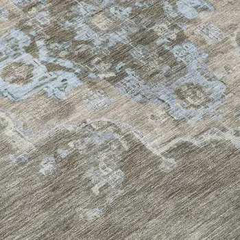 8' Brown Beige And Blue Round Medallion Washable Indoor Outdoor Area Rug
