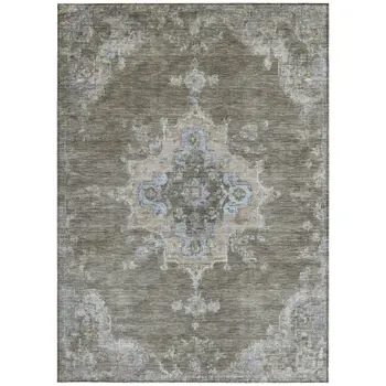 8' X 10' Brown Beige And Blue Medallion Washable Indoor Outdoor Area Rug