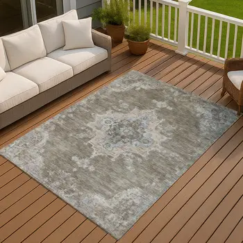 10' X 14' Brown Beige And Blue Medallion Washable Indoor Outdoor Area Rug