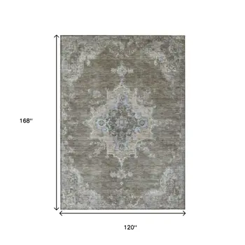10' X 14' Brown Beige And Blue Medallion Washable Indoor Outdoor Area Rug