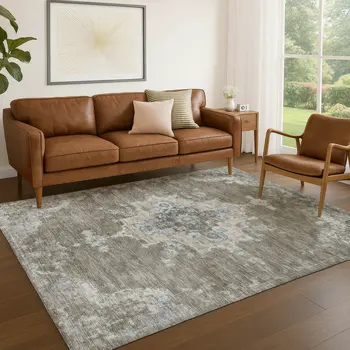 10' X 14' Brown Beige And Blue Medallion Washable Indoor Outdoor Area Rug
