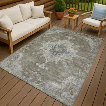 10' X 14' Brown Beige And Blue Medallion Washable Indoor Outdoor Area Rug