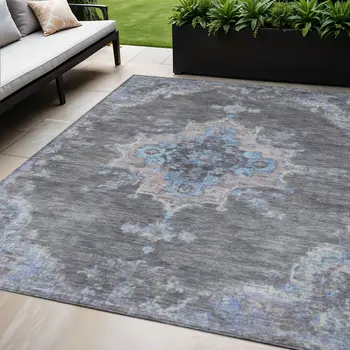 5' X 8' Graphite And Blue Medallion Washable Indoor Outdoor Area Rug