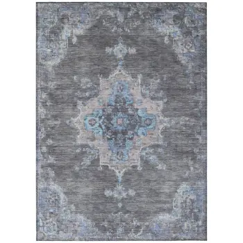 5' X 8' Graphite And Blue Medallion Washable Indoor Outdoor Area Rug