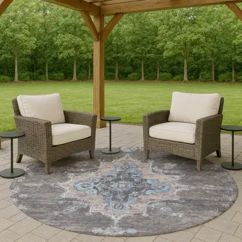 8' Graphite And Blue Round Medallion Washable Indoor Outdoor Area Rug