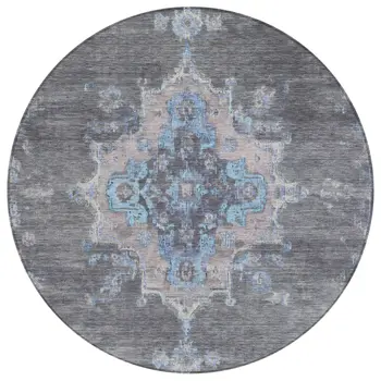 8' Graphite And Blue Round Medallion Washable Indoor Outdoor Area Rug