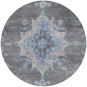 8' Graphite And Blue Round Medallion Washable Indoor Outdoor Area Rug
