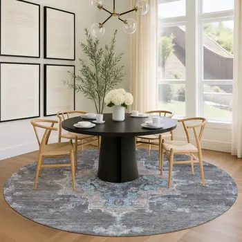 8' Graphite And Blue Round Medallion Washable Indoor Outdoor Area Rug