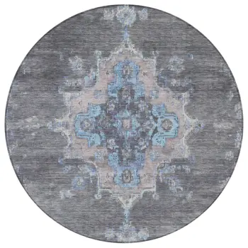 8' Graphite And Blue Round Medallion Washable Indoor Outdoor Area Rug