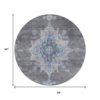 8' Graphite And Blue Round Medallion Washable Indoor Outdoor Area Rug