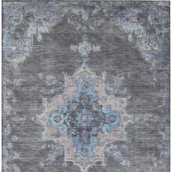 9' X 12' Graphite And Blue Medallion Washable Indoor Outdoor Area Rug