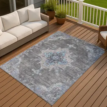 9' X 12' Graphite And Blue Medallion Washable Indoor Outdoor Area Rug