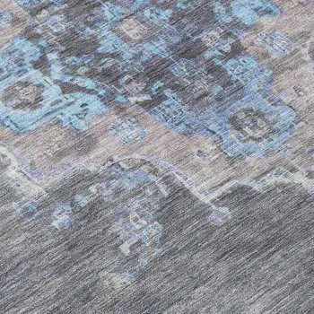 9' X 12' Graphite And Blue Medallion Washable Indoor Outdoor Area Rug